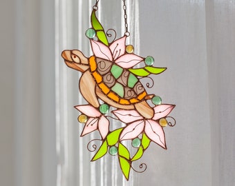 Pink Suncatcher Turtle Flower Stained Glass Picture Home House Decor Ornament Window Wall Hanging Light Cling Pendant, Mother’s gift