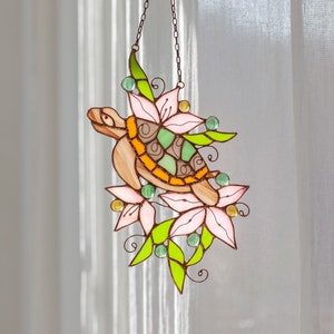 Attrape-soleil rose tortue fleur vitrail photo décoration de la maison ornement fenêtre suspension murale lumière suspendue, cadeau pour une mère