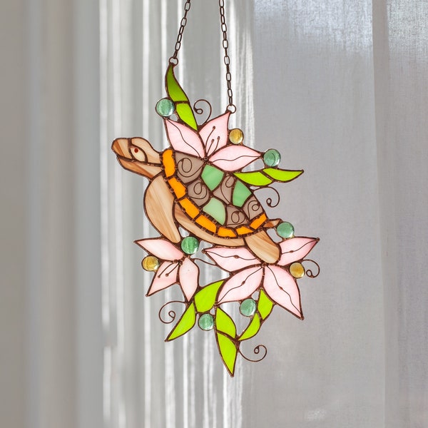 Pink Suncatcher Turtle Flower Stained Glass Picture Home House Decor Ornament Window Wall Hanging Light Cling Pendant, Mother’s gift