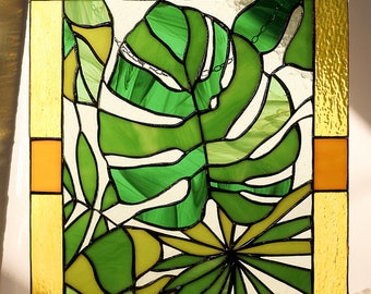 Monstera Leaf Panel Green Plant Suncatcher Stain Glass Picture Home House Decor Nature Ornament Spring Window Wall Hanging Cling