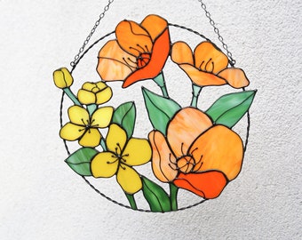 California poppies Jasmine Suncatcher. Stained glass Home Decor Garden Window Wall Teacher Hangings. Mother’s day gift, cottage core art