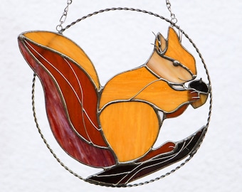 Squirrel suncatcher stained glass, wall window hangings, Sun catcher stained glass Christmas decor art