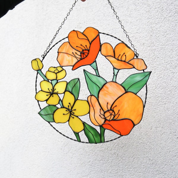 California poppies Jasmine Suncatcher. Stained glass Home Decor Garden Window Wall Teacher Hangings. Mother’s day gift, cottage core art