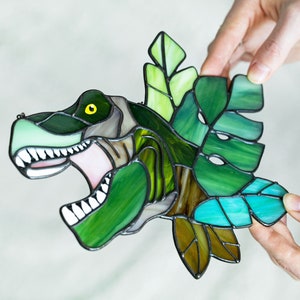 Suncatcher Dinosaur Tyrannosaurus Stained glass Nature Ornament Monstera Animal Home House Wall Window Hanging Decor Decoration