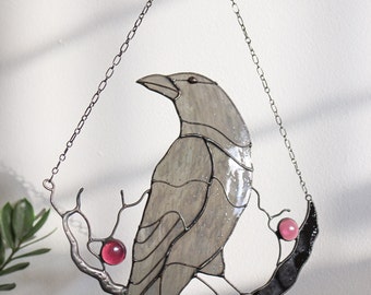 Stain Glass Gothic Crow - White Raven Suncatcher - Horror Home Decor - Mothers Day Gift