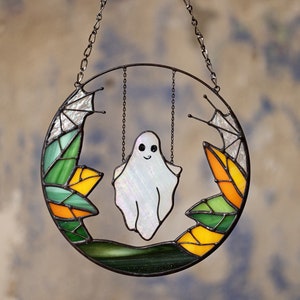 Gothic Suncatcher Ghost Funny Halloween Stain Glass ORIGINAL Horror Picture Home Decor Spooky Window Wall Hanging Fall Cling Witch gift