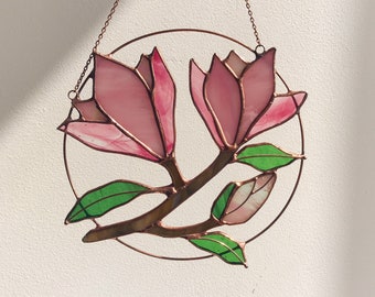 Pink Flower Suncatcher Magnolia. Stained glass Home Decor Pendant Garden Window Wall Hangings. Mother’s day gift