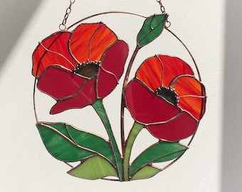 Poppy Flower Red Suncatcher. Stained glass Home Decor Window Wall Teacher Hangings. Mothers gift, remembrance gift