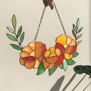 Flower Ranunculus Rose Suncatcher Yellow Orange Leaf. Stained glass Home Decor Panel Pendant Garden Window Wall Hangings Gift Mothers gift