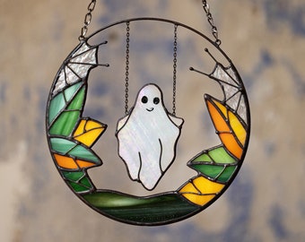 Gothic Suncatcher Ghost Funny Halloween Stain Glass ORIGINAL Horror Picture Home Decor Spooky Window Wall Hanging Fall Cling Witch gift