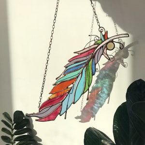 Rainbow Stained Glass Feathers. Wall Window Hangings. Pendant Suncatcher Home House Decor Panel Garden. Grandma gift,  Mother’s day gift