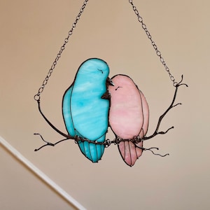 Decor Pink Blue Lover Bird Nature Ornament Spring Stained Glass House Suncatcher Home wall window Hangings Art Cling Pendant Valentines gift