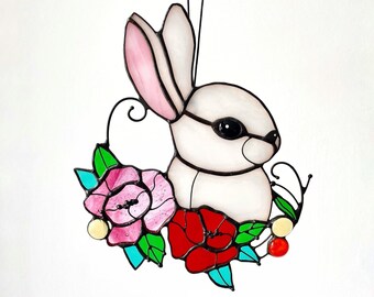 White rabbit decoration. Stained glass bunny. Spring ornament flowers. Wall Housewarming Mother day gift.