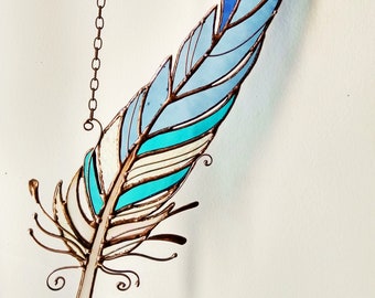 Blue Wall Hangings Feathers Light Cling Pendant Stain Glass Suncatcher Home Decor Panel Nature Spring Window Art