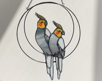 Gray couple parrots two sun catcher Bird. House Decor Nature Ornament Garden Home Sunbeam Panel Pendant Wall Window Hangings Stain Glass