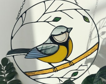 House Decor Yellow Blue Tit Nature Ornament Garden Bird Suncatcher Home wall window Hangings Art Cling Pendant