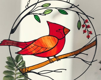 Red Cardinal Bird Suncatcher Home Decor Mothers day gift Window Wall Hangings Cling Stain Glass