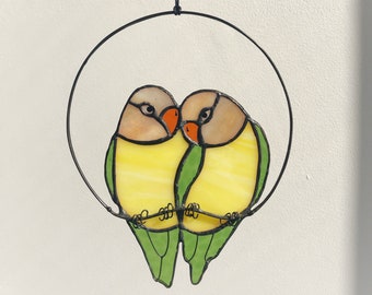 Yellow couple parrots two sun catcher Bird. House Decor Home Wall Window Hangings Stain Glass, Valentines gift