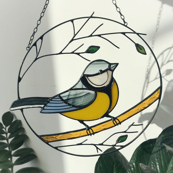 Décoration de maison Mésange bleue jaune Ornement de la nature Oiseau de jardin attrape-soleil Tentures de fenêtre murales pour la maison Art Cling Pendentif