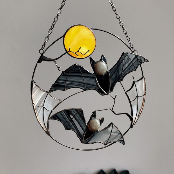 Gothic Suncatcher Bat Moon Halloween Stain Glass ORIGINAL Horror Picture Home Decor Spooky Window Wall Hanging Dark Cling Witch gift