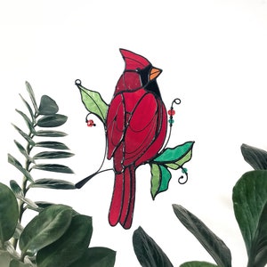 Suncatcher Bird Cardinal Red Home House Decor gift Stained glass Garden Window Wall Hangings Animal Cling Art Redcap