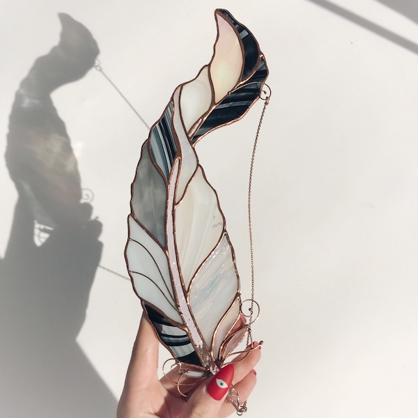Witchy Decor Gray Feather Wall Hanging Stained Glass Suncatcher - Modern Home Decor - Mother's Day Gift