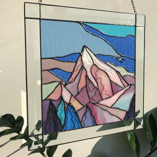 Blue Pink Suncatcher Stained Glass Picture Mountain Home House Decor Panel Window Wall Hanging, mothers day gift for mom