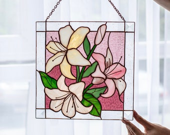 Lilies Flower Pink Suncatcher. Stained glass Home Decor Panel Pendant Garden Window Wall Hangings. Mother’s day gift