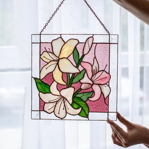 Lilies Flower Pink Suncatcher. Stained glass Home Decor Panel Pendant Garden Window Wall Hangings. Mother’s day gift