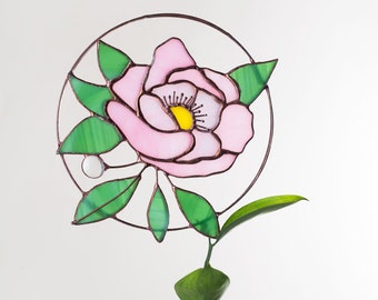 Stained glass Pink Flower Suncatcher Peony. Modern Home Decor pendant. Window Wall Hangings Light Cling. Mother's gift