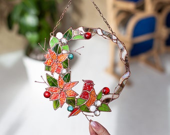 Christmas Red Wreath Flower Bird Suncatcher Home Decor Nature Ornament Window Wall Hangings Cling Art Stain Glass