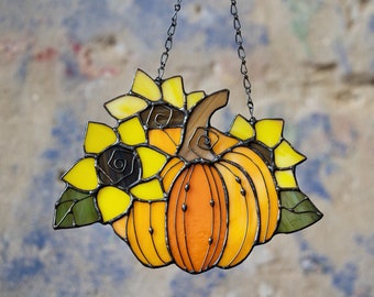 Pumpkin Sunflower Flower Suncatcher. Stained glass Home Decor Fall Garden Window Wall Hangings Grandma Ukraine gift shops, Mothers gift