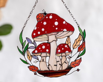 Fly Agaric Stained Glass Suncatcher. Cottagecore Decor. Mother&#39;s Day Gift. Home House Amanita. Fly mushroom Wall Window Hanging Art Decor.