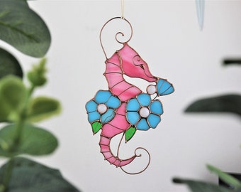 Stained glass Seahorse pink Suncatcher Flower Home House Decor Window Wall Hanging