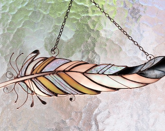 Beige Wall Hangings Feathers Light Cling Pendant Plumage Suspender Stain Glass Suncatcher Home Decor Panel Nature Ornament Window Art