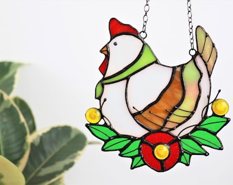 White sitter decoration. Stain glass chiken. Spring ornament. Wall Housewarming Mother’s day gift.