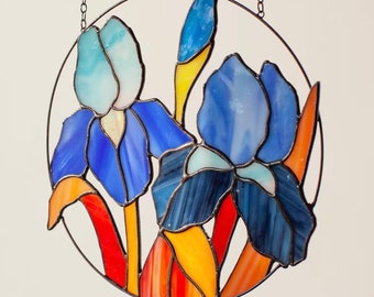 Blue Iris Real Stained Glass Window Hanging Decor | Mothers Day Flower Suncatcher | Valentine Glass Art Panel