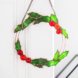 Stain Glass Christmas Green Wreath Suncatcher Home Decor Window Wall Hangings Cling Art Plumage Suspender
