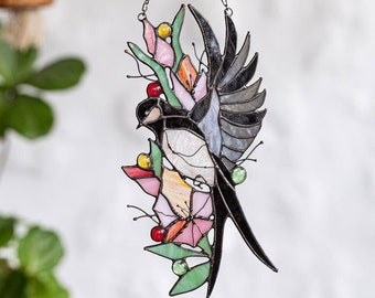 Black Swallow With Flowers Real Glass Suncatcher. Mother's Day Gift Ideas. Home Bird Decor. Indoor Outdoor Hanging Suncatcher