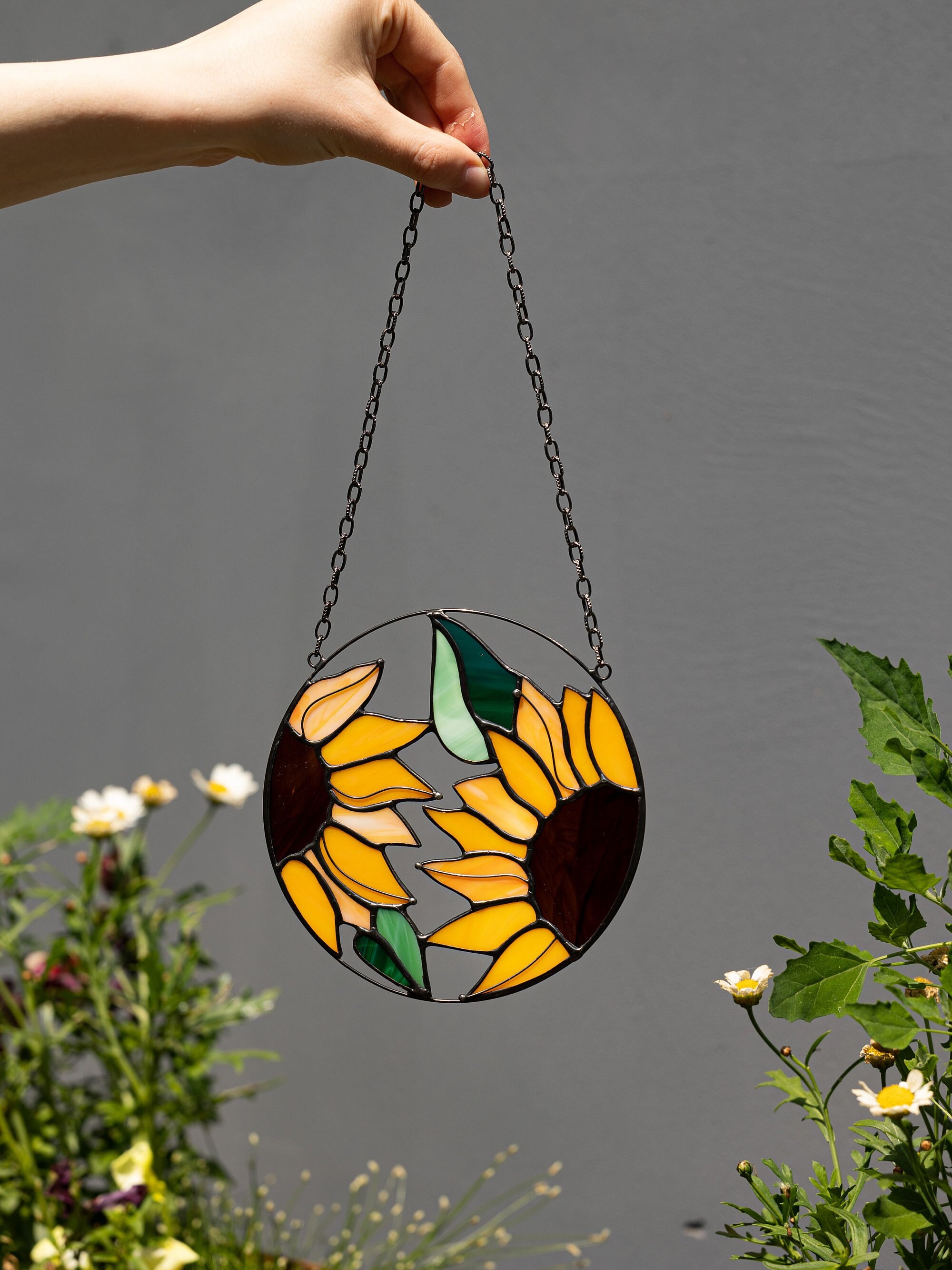 Bimkole Vuurtoren Gekleurd Glas Hangend - Bloemenlandschap Hangende Raamdecoratie - voor Tuin, Raam en Deur, Kerst, Handgemaakte Suncatcher Decoratie 20x20 cm