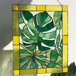 Monstera Leaf Panel Green Plant Suncatcher Stain Glass Picture Home House Decor Nature Ornament Spring Window Wall Hanging Cling