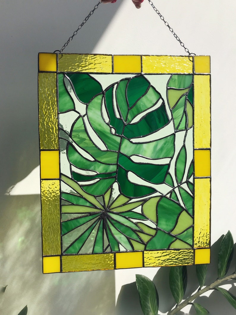 Monstera Leaf Panel Green Plant Suncatcher Stain Glass Picture Home House Decor Nature Ornament Spring Window Wall Hanging Cling