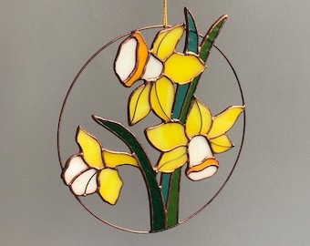 Yellow Flower Suncatcher Narcissus. Stained glass Home Decor Christmas Pendant Garden Window Wall Hangings. Mothers gift.