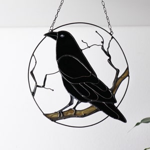 Gothic Suncatcher Raven Crow Halloween Stain Glass Horror Picture Home Decor Spooky Ornament Window Wall Hanging Dark Cling Witch gift