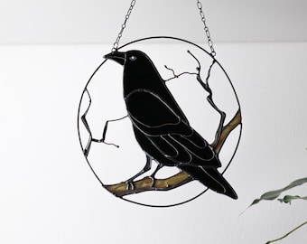 Gothic Suncatcher Raven Crow Halloween Stain Glass Horror Picture Home Decor Spooky Ornament Window Wall Hanging Dark Cling Witch gift