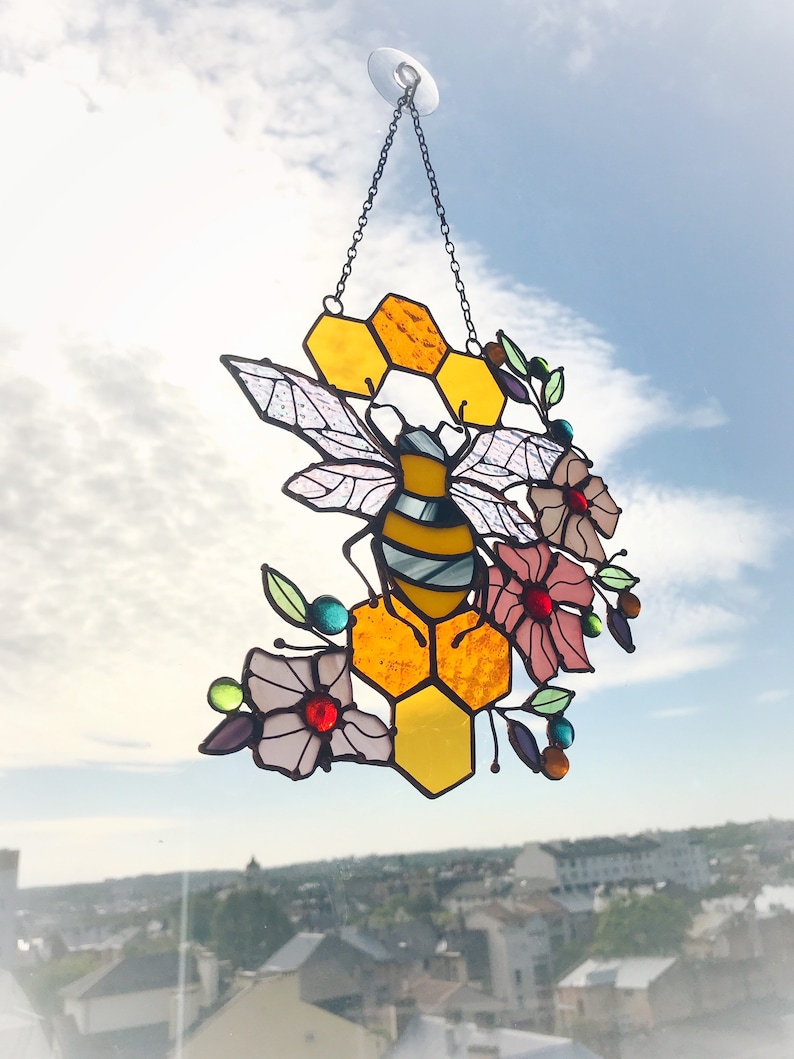 Yellow Suncatcher Honeycomb Stain Glass Picture Home House Decor Panel Ornament Spring Window Wall Hanging Light Cling Corner Pendant