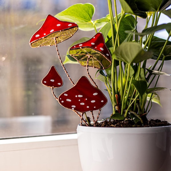 Stained Glass Mushrooms Planter | Gift for Gardeners Plant Pot Decor | Cottage Core Spring Mushrooms Shelf Table Stand