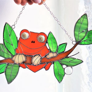 Suncatcher Frog. Orange Animal. Home House Pendant. Wall Window Hanging Stained Glass Art Decor. Housewarming gift
