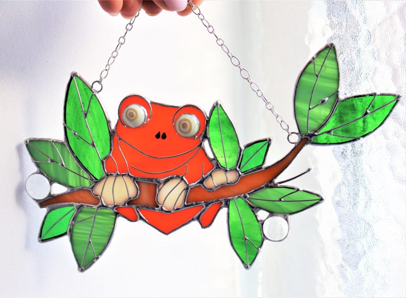 Suncatcher Frog. Orange Animal. Home House Pendant. Wall Window Hanging Stained Glass Art Decor. Housewarming gift