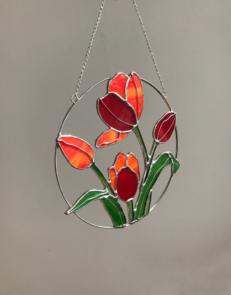 Red Flower Suncatcher Tulip. Stained glass Home Decor Spring Decoration Window Wall Hangings, Mothers grandma gift image 1